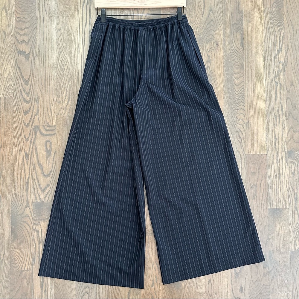 Eskandar Japanese Wool Silk Wide Leg Cropped Trousers Navy Pinstripe 1 / Small